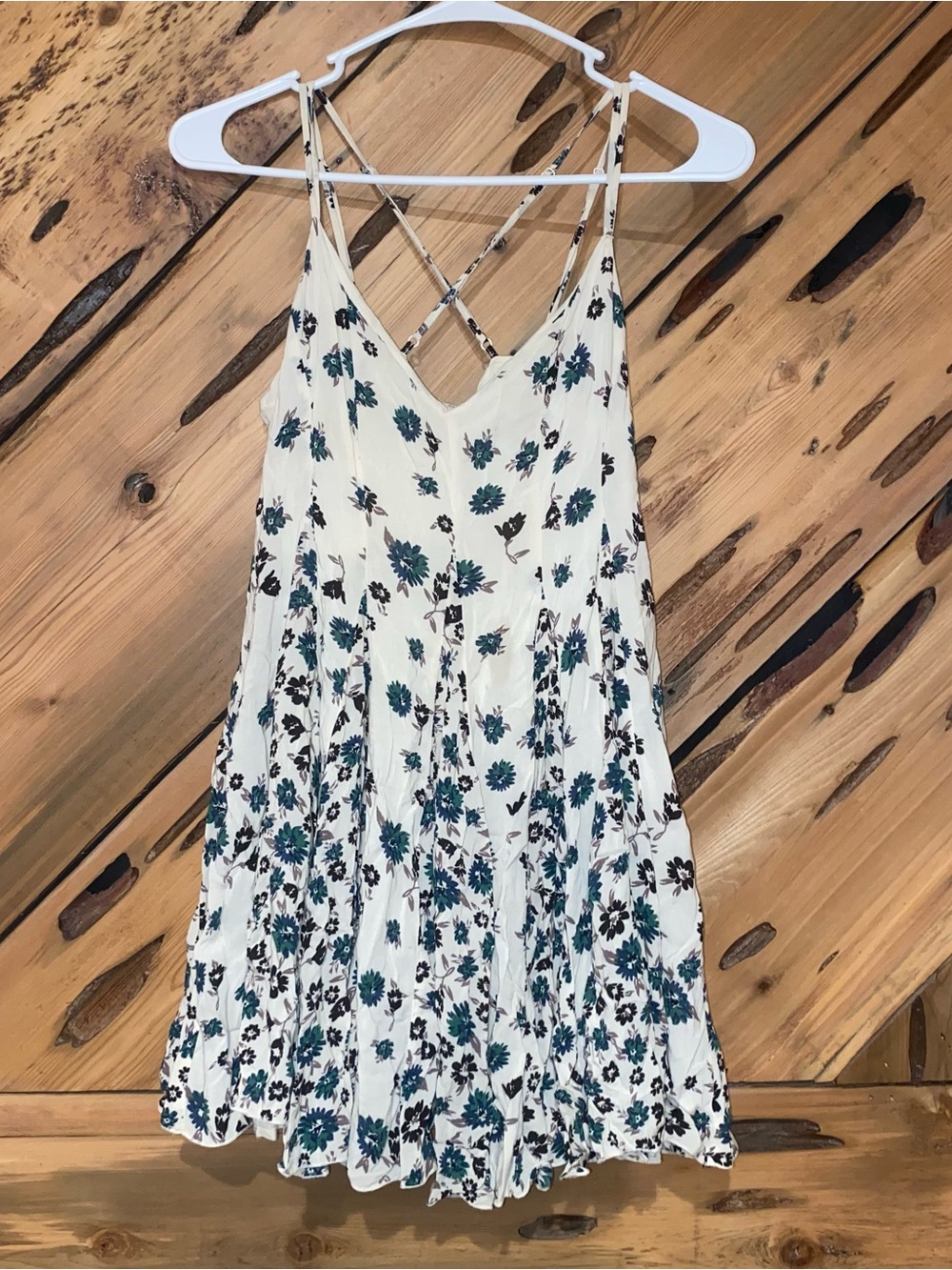 White Floral Spaghetti-Strap Sundress with Teal & Black Flowers